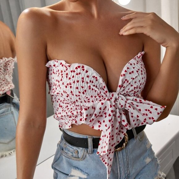 White Boho Babe Strapless tie Heart Print Crop top - Picture 2 of 7